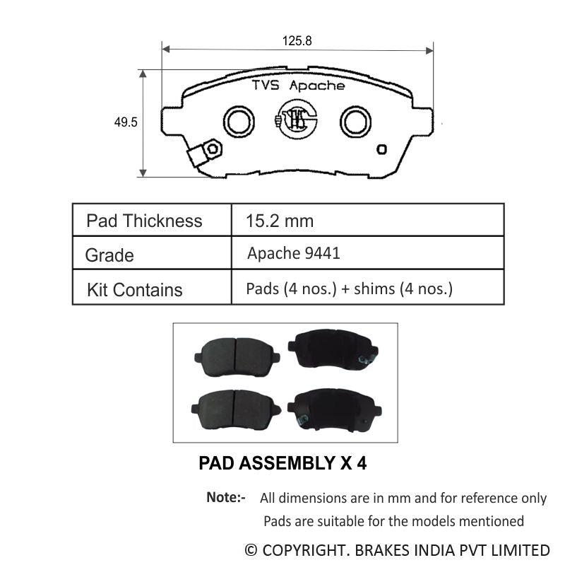 TVS Apache Brake Pad MARUTI MSIL BALENO/ DZIRE/ SWIFT/ASPIRE