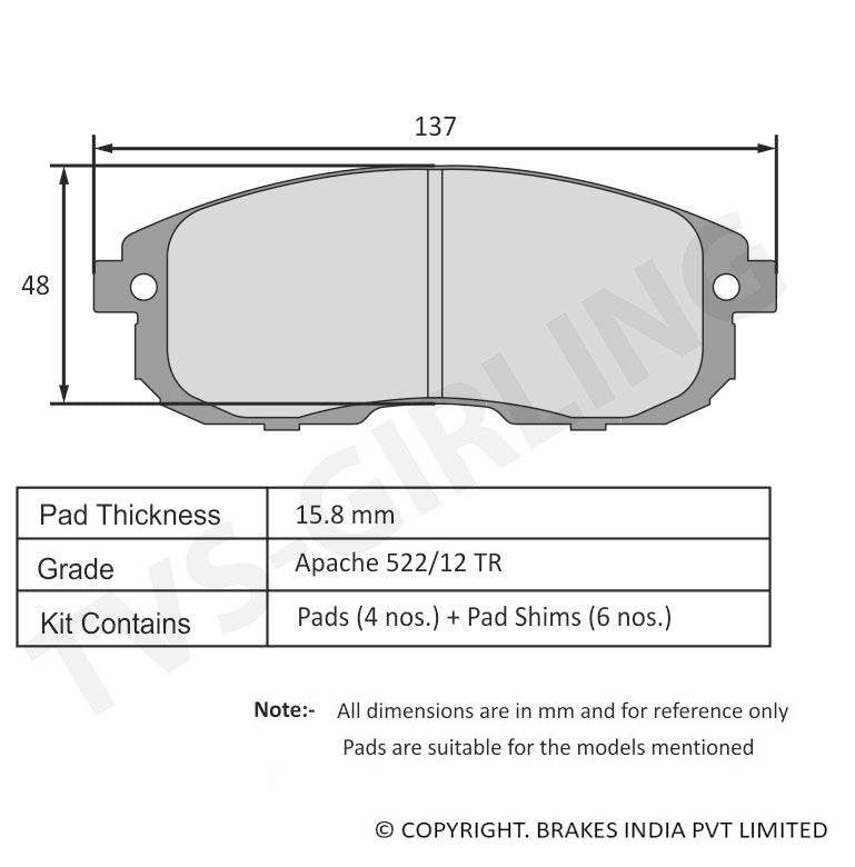 TVS Apache Brake Pad MARUTI MSIL SX4 / S-CROSS / VITARA BREZZA