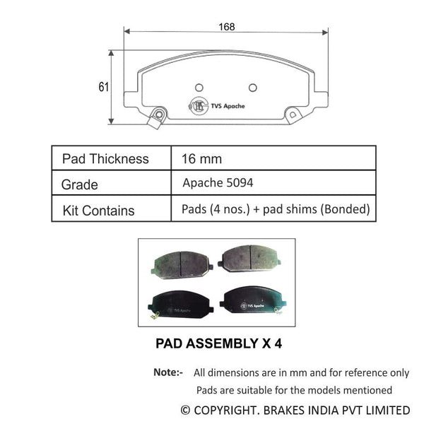 TVS Apache Brake Pad MG HECTOR 29933549